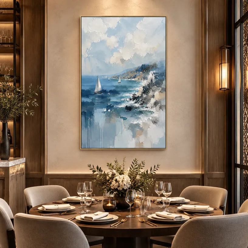 Abstract Expressionist landscapes & seascapes & cityscapes oil painting showing a blue coastal wave and distant sailboat in a blue palette, contemporary wall art.
