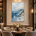 Abstract Expressionist landscapes & seascapes & cityscapes oil painting showing a blue coastal wave and distant sailboat in a blue palette, contemporary wall art.