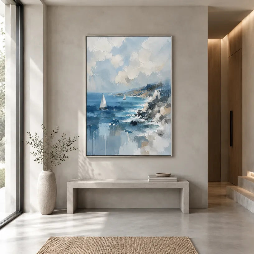 Abstract Expressionist landscapes & seascapes & cityscapes oil painting showing a blue coastal wave and distant sailboat in a blue palette, contemporary wall art.
