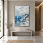Abstract Expressionist landscapes & seascapes & cityscapes oil painting showing a blue coastal wave and distant sailboat in a blue palette, contemporary wall art.
