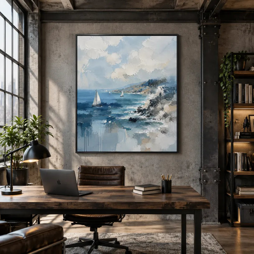 Abstract Expressionist landscapes & seascapes & cityscapes oil painting showing a blue coastal wave and distant sailboat in a blue palette, contemporary wall art.
