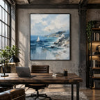 Abstract Expressionist landscapes & seascapes & cityscapes oil painting showing a blue coastal wave and distant sailboat in a blue palette, contemporary wall art.