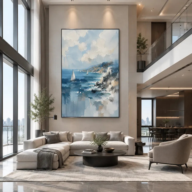 Abstract Expressionist landscapes & seascapes & cityscapes oil painting showing a blue coastal wave and distant sailboat in a blue palette, contemporary wall art.
