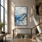 Abstract Expressionist landscapes & seascapes & cityscapes oil painting showing a blue coastal wave and distant sailboat in a blue palette, contemporary wall art.