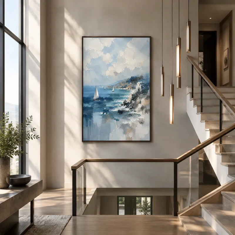 Dipinto a olio con paesaggi, paesaggi marini e paesaggi urbani dell'Espressionismo astratto, caratterizzato da un paesaggio atmosferico, da un paesaggio marino o da una composizione ispirata alla città in una tavolozza blu.