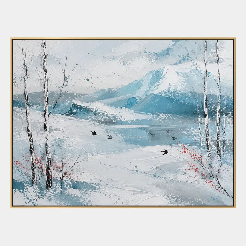 Abstract Expressionist landscapes & seascapes & cityscapes oil painting showing a cool blue winter lake beneath pale trees in a blue palette, contemporary wall art.