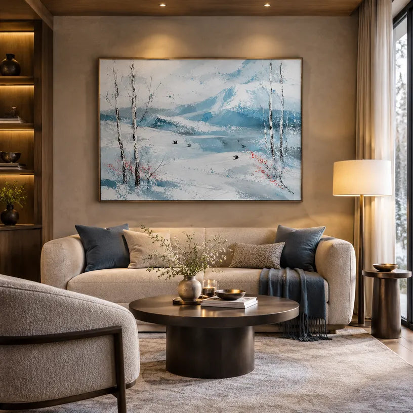 Abstract Expressionist landscapes & seascapes & cityscapes oil painting showing a cool blue winter lake beneath pale trees in a blue palette, contemporary wall art.