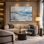 Abstract Expressionist landscapes & seascapes & cityscapes oil painting showing a cool blue winter lake beneath pale trees in a blue palette, contemporary wall art.