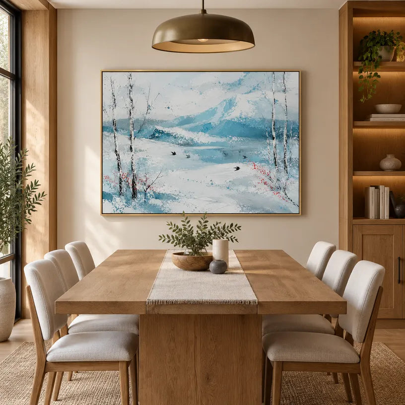 Abstract Expressionist landscapes & seascapes & cityscapes oil painting showing a cool blue winter lake beneath pale trees in a blue palette, contemporary wall art.