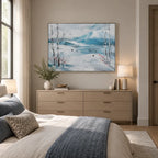 Abstract Expressionist landscapes & seascapes & cityscapes oil painting showing a cool blue winter lake beneath pale trees in a blue palette, contemporary wall art.