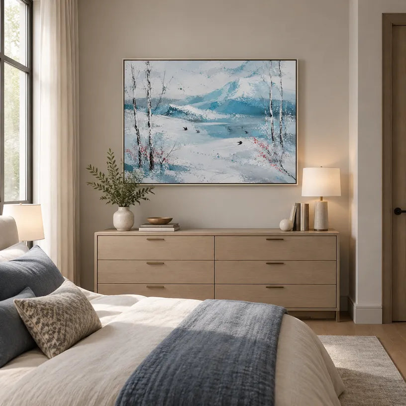 Abstract Expressionist landscapes & seascapes & cityscapes oil painting showing a cool blue winter lake beneath pale trees in a blue palette, contemporary wall art.