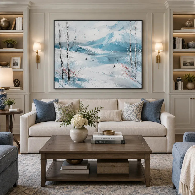 Abstract Expressionist landscapes & seascapes & cityscapes oil painting showing a cool blue winter lake beneath pale trees in a blue palette, contemporary wall art.
