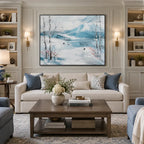 Abstract Expressionist landscapes & seascapes & cityscapes oil painting showing a cool blue winter lake beneath pale trees in a blue palette, contemporary wall art.