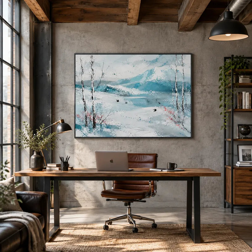 Abstract Expressionist landscapes & seascapes & cityscapes oil painting showing a cool blue winter lake beneath pale trees in a blue palette, contemporary wall art.