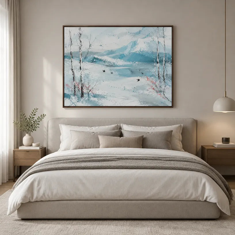 Abstract Expressionist landscapes & seascapes & cityscapes oil painting showing a cool blue winter lake beneath pale trees in a blue palette, contemporary wall art.