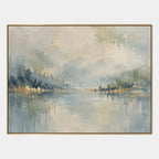 Abstract Expressionist landscapes & seascapes & cityscapes oil painting showing a pale misty lake with soft distant shoreline in a blue palette, contemporary wall art.