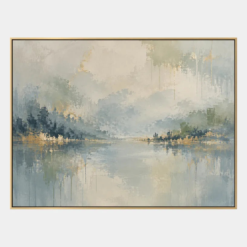 Abstract Expressionist landscapes & seascapes & cityscapes oil painting showing a pale misty lake with soft distant shoreline in a blue palette, contemporary wall art.