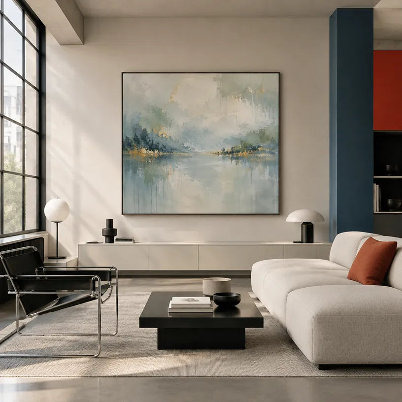 Abstract Expressionist landscapes & seascapes & cityscapes oil painting showing a pale misty lake with soft distant shoreline in a blue palette, contemporary wall art.