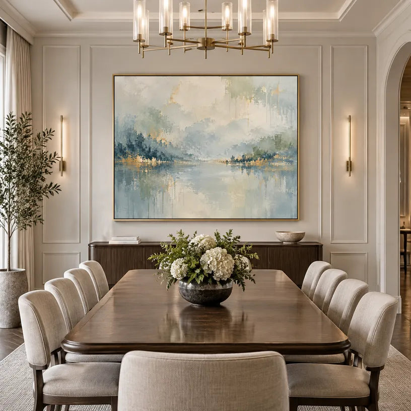 Abstract Expressionist landscapes & seascapes & cityscapes oil painting showing a pale misty lake with soft distant shoreline in a blue palette, contemporary wall art.