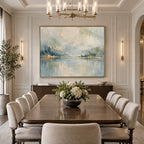 Abstract Expressionist landscapes & seascapes & cityscapes oil painting showing a pale misty lake with soft distant shoreline in a blue palette, contemporary wall art.