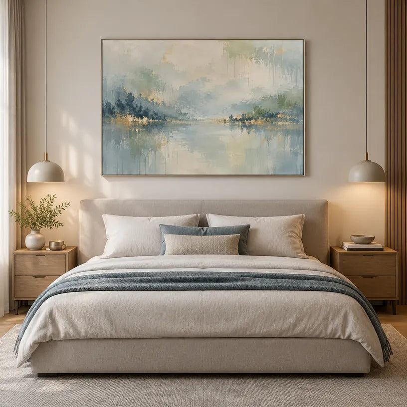 Abstract Expressionist landscapes & seascapes & cityscapes oil painting showing a pale misty lake with soft distant shoreline in a blue palette, contemporary wall art.