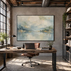 Abstract Expressionist landscapes & seascapes & cityscapes oil painting showing a pale misty lake with soft distant shoreline in a blue palette, contemporary wall art.