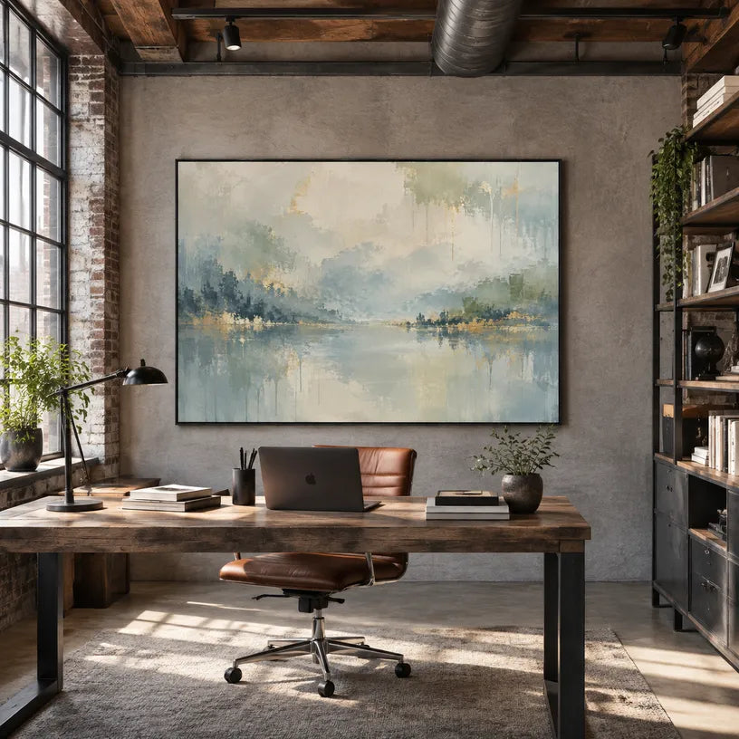 Abstract Expressionist landscapes & seascapes & cityscapes oil painting showing a pale misty lake with soft distant shoreline in a blue palette, contemporary wall art.