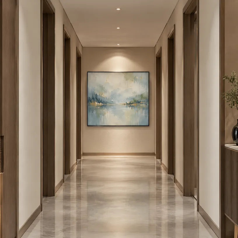 Abstract Expressionist landscapes & seascapes & cityscapes oil painting showing a pale misty lake with soft distant shoreline in a blue palette, contemporary wall art.