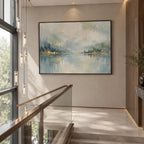 Abstract Expressionist landscapes & seascapes & cityscapes oil painting showing a pale misty lake with soft distant shoreline in a blue palette, contemporary wall art.