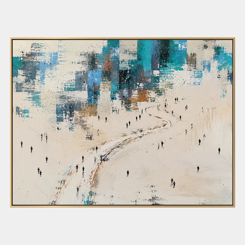 Abstract Expressionist landscapes & seascapes & cityscapes oil painting showing a pale coastal scene with distant figures and water in a blue palette, contemporary wall art.