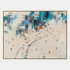 Abstract Expressionist landscapes & seascapes & cityscapes oil painting showing a pale coastal scene with distant figures and water in a blue palette, contemporary wall art.