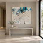 Abstract Expressionist landscapes & seascapes & cityscapes oil painting showing a pale coastal scene with distant figures and water in a blue palette, contemporary wall art.