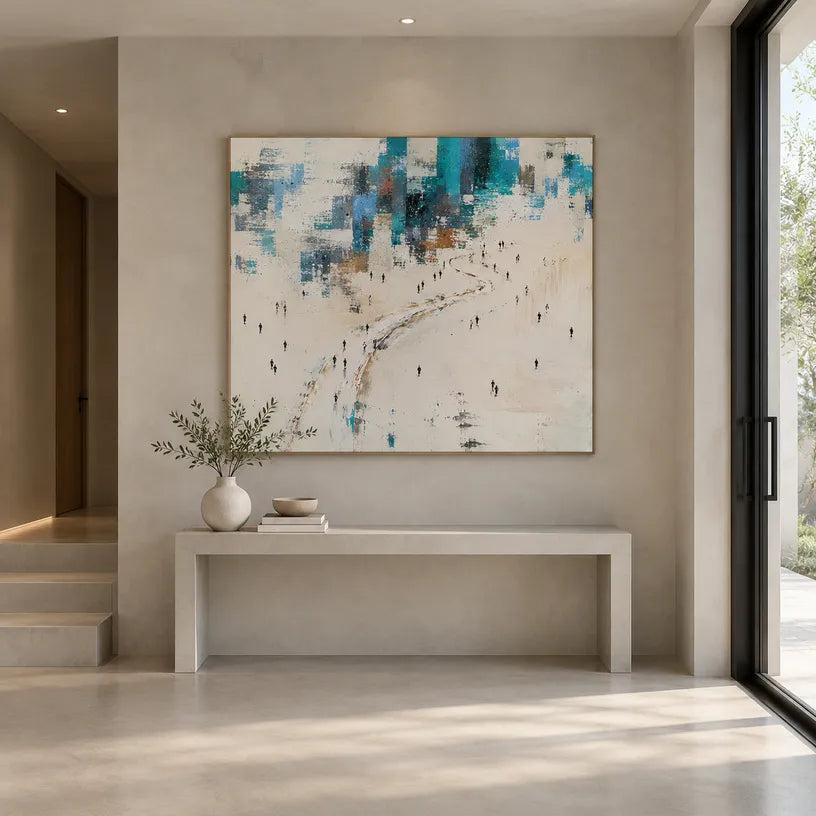 Abstract Expressionist landscapes & seascapes & cityscapes oil painting showing a pale coastal scene with distant figures and water in a blue palette, contemporary wall art.