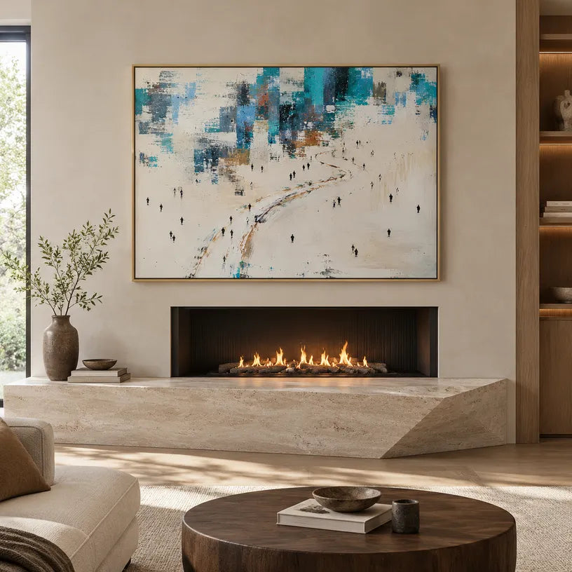 Abstract Expressionist landscapes & seascapes & cityscapes oil painting showing a pale coastal scene with distant figures and water in a blue palette, contemporary wall art.