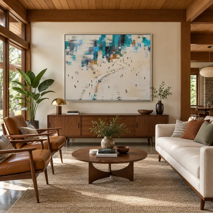 Abstract Expressionist landscapes & seascapes & cityscapes oil painting showing a pale coastal scene with distant figures and water in a blue palette, contemporary wall art.