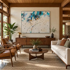 Abstract Expressionist landscapes & seascapes & cityscapes oil painting showing a pale coastal scene with distant figures and water in a blue palette, contemporary wall art.
