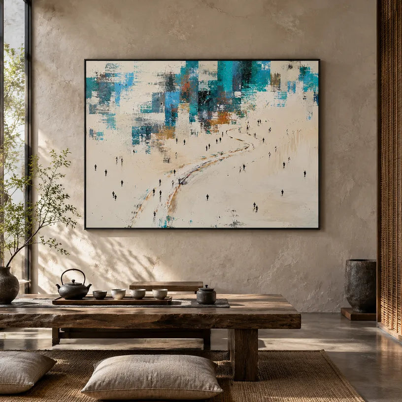 Abstract Expressionist landscapes & seascapes & cityscapes oil painting showing a pale coastal scene with distant figures and water in a blue palette, contemporary wall art.