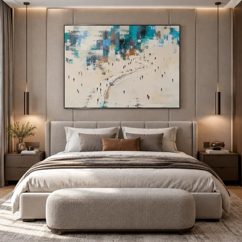 Abstract Expressionist landscapes & seascapes & cityscapes oil painting showing a pale coastal scene with distant figures and water in a blue palette, contemporary wall art.
