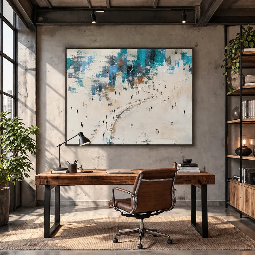 Abstract Expressionist landscapes & seascapes & cityscapes oil painting showing a pale coastal scene with distant figures and water in a blue palette, contemporary wall art.
