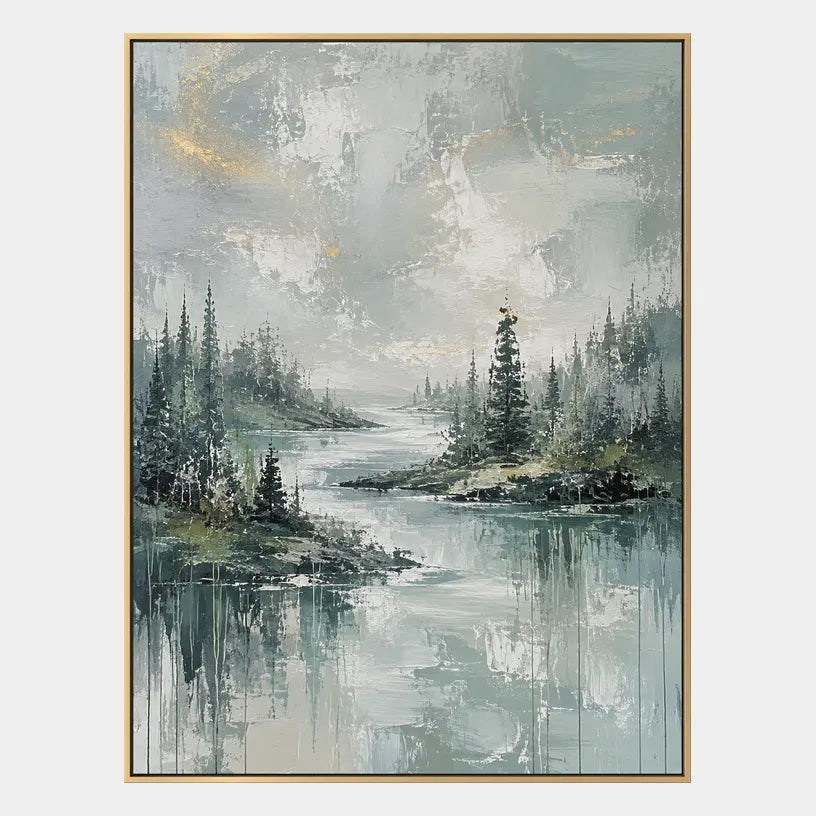 Abstract Expressionist landscapes & seascapes & cityscapes oil painting showing a green forest lake with misty reflections in a green palette, contemporary wall art.
