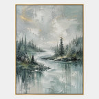 Abstract Expressionist landscapes & seascapes & cityscapes oil painting showing a green forest lake with misty reflections in a green palette, contemporary wall art.