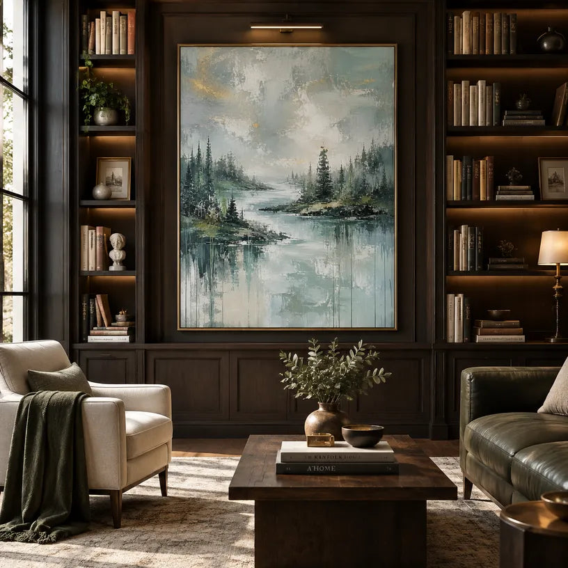 Abstract Expressionist landscapes & seascapes & cityscapes oil painting showing a green forest lake with misty reflections in a green palette, contemporary wall art.