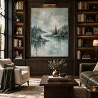 Abstract Expressionist landscapes & seascapes & cityscapes oil painting showing a green forest lake with misty reflections in a green palette, contemporary wall art.