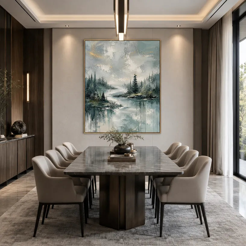 Abstract Expressionist landscapes & seascapes & cityscapes oil painting showing a green forest lake with misty reflections in a green palette, contemporary wall art.