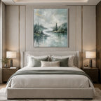 Abstract Expressionist landscapes & seascapes & cityscapes oil painting showing a green forest lake with misty reflections in a green palette, contemporary wall art.