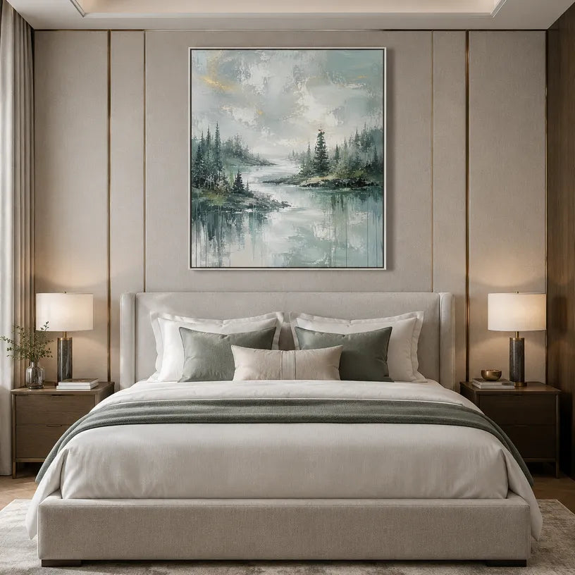 Abstract Expressionist landscapes & seascapes & cityscapes oil painting showing a green forest lake with misty reflections in a green palette, contemporary wall art.