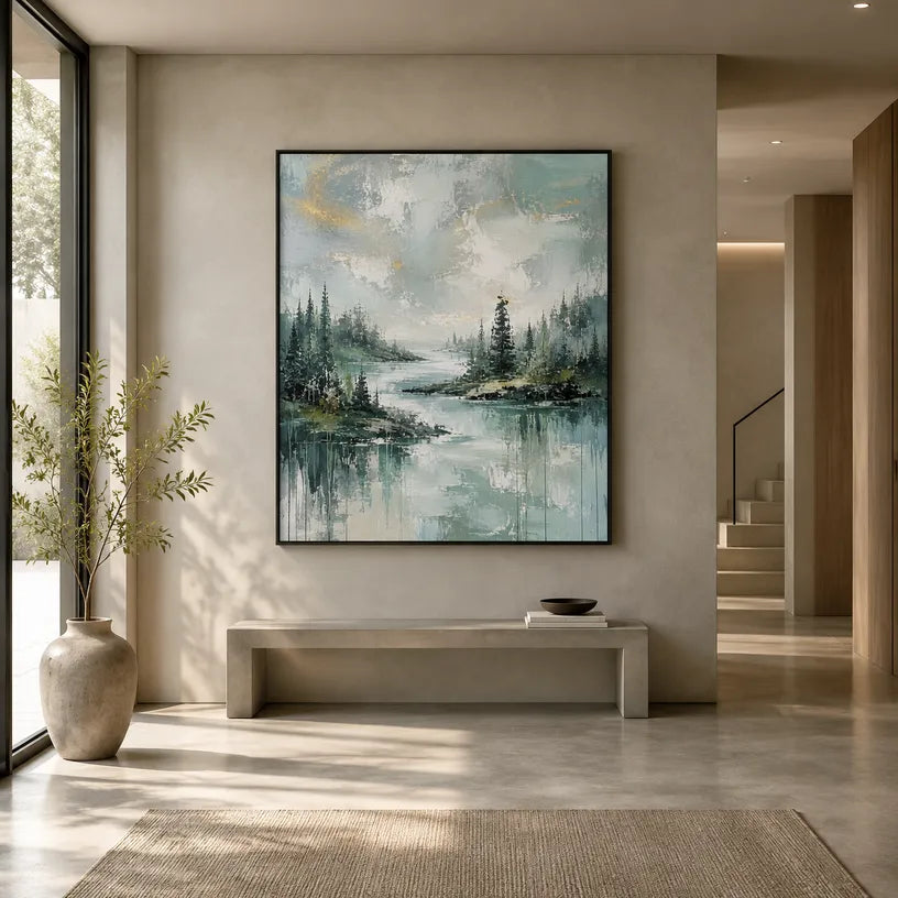 Abstract Expressionist landscapes & seascapes & cityscapes oil painting showing a green forest lake with misty reflections in a green palette, contemporary wall art.