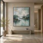 Abstract Expressionist landscapes & seascapes & cityscapes oil painting showing a green forest lake with misty reflections in a green palette, contemporary wall art.