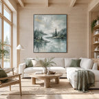 Abstract Expressionist landscapes & seascapes & cityscapes oil painting showing a green forest lake with misty reflections in a green palette, contemporary wall art.