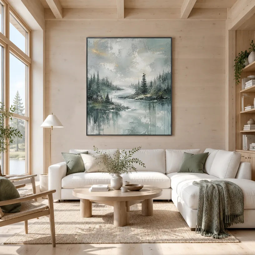 Abstract Expressionist landscapes & seascapes & cityscapes oil painting showing a green forest lake with misty reflections in a green palette, contemporary wall art.
